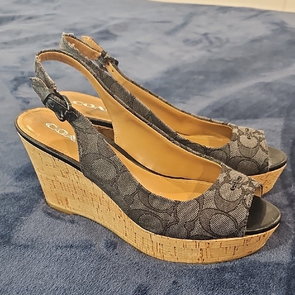 Coach Black and Tan Wedge Slingback Peep-Toe - Picture 4 of 7